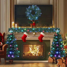 Pre-lit Optical Fiber Christmas Artificial Tree 4-Piece Set, Christmas Garland, Wreath And Set Of 2 Entrance Trees With Colorful Lights, PVC Festival